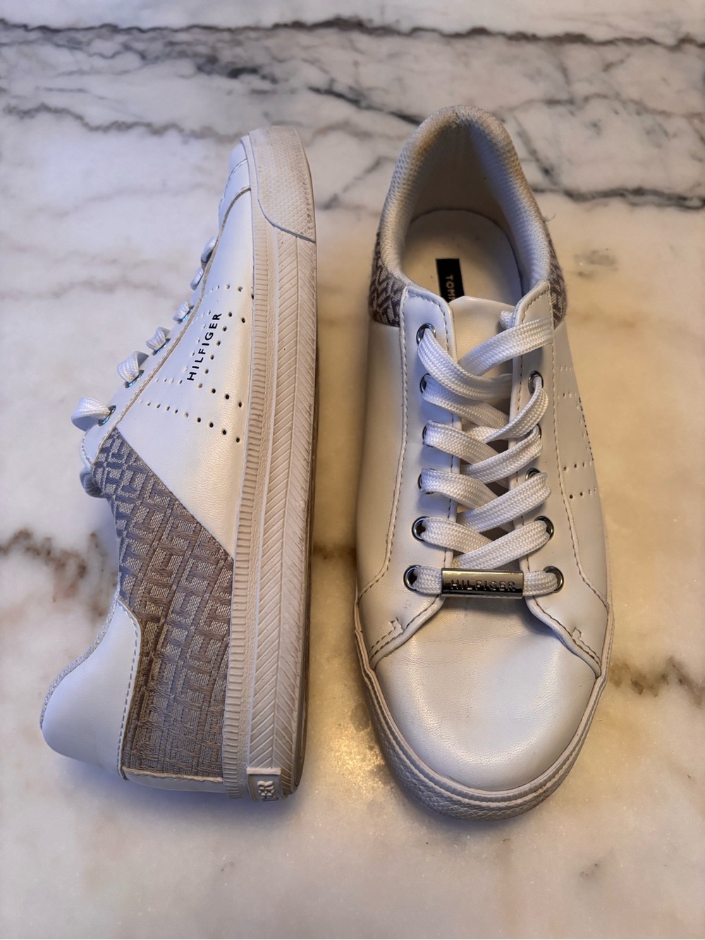 Tommy Hilfiger White Leather Sneakers with Beige Patterned Panels